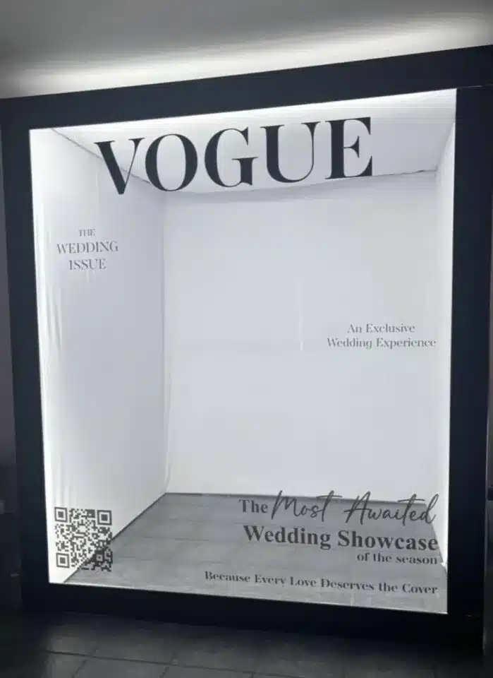 Mirror photobooth display with “Vogue” styling, featured in vendor listing card.