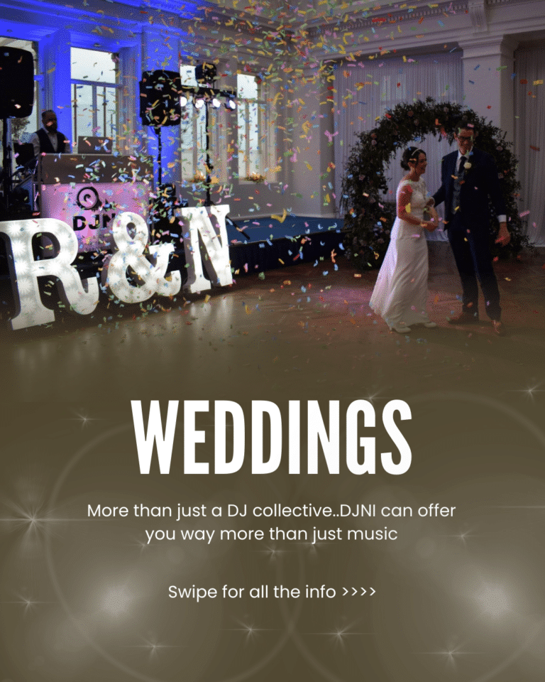Bride and groom dancing amid confetti, DJ in background, large R&N letters lit up.
