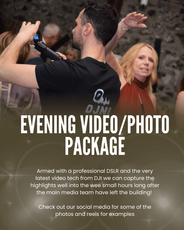 Videographer capturing an event with a DSLR camera; text promoting an evening video/photo package service.