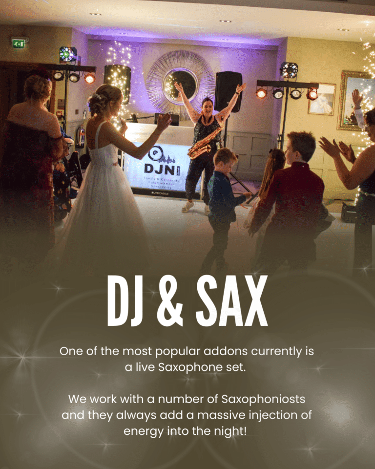 A lively wedding reception with a DJ and saxophonist performing as guests dance and celebrate.