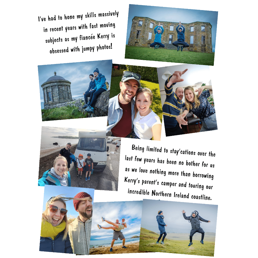 Collage of happy moments featuring a couple traveling and jumping, with text about enjoying Northern Ireland staycations.