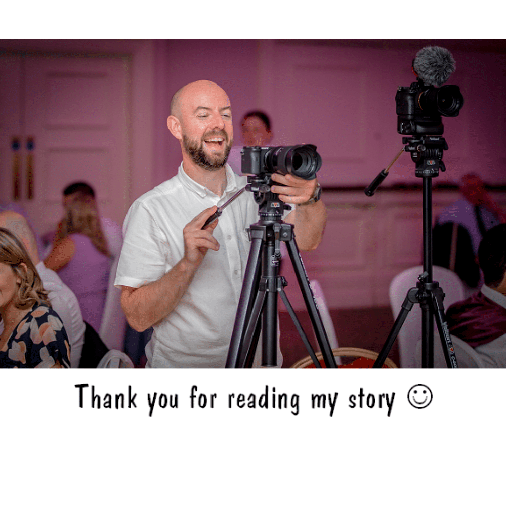 Smiling man adjusting camera on tripod at event, with text "Thank you for reading my story" at the bottom.