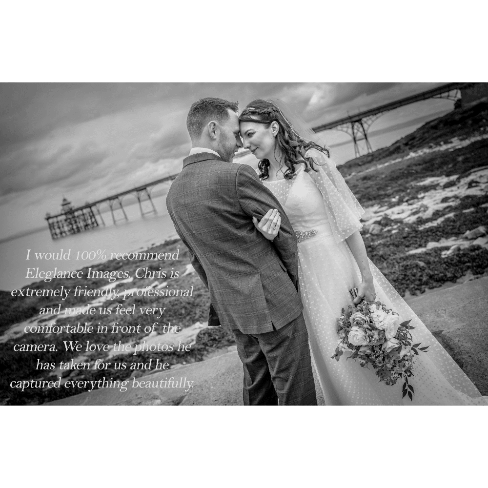 Bride and groom embracing by the seaside, with a testimonial praising the photographer, Elegance Images.