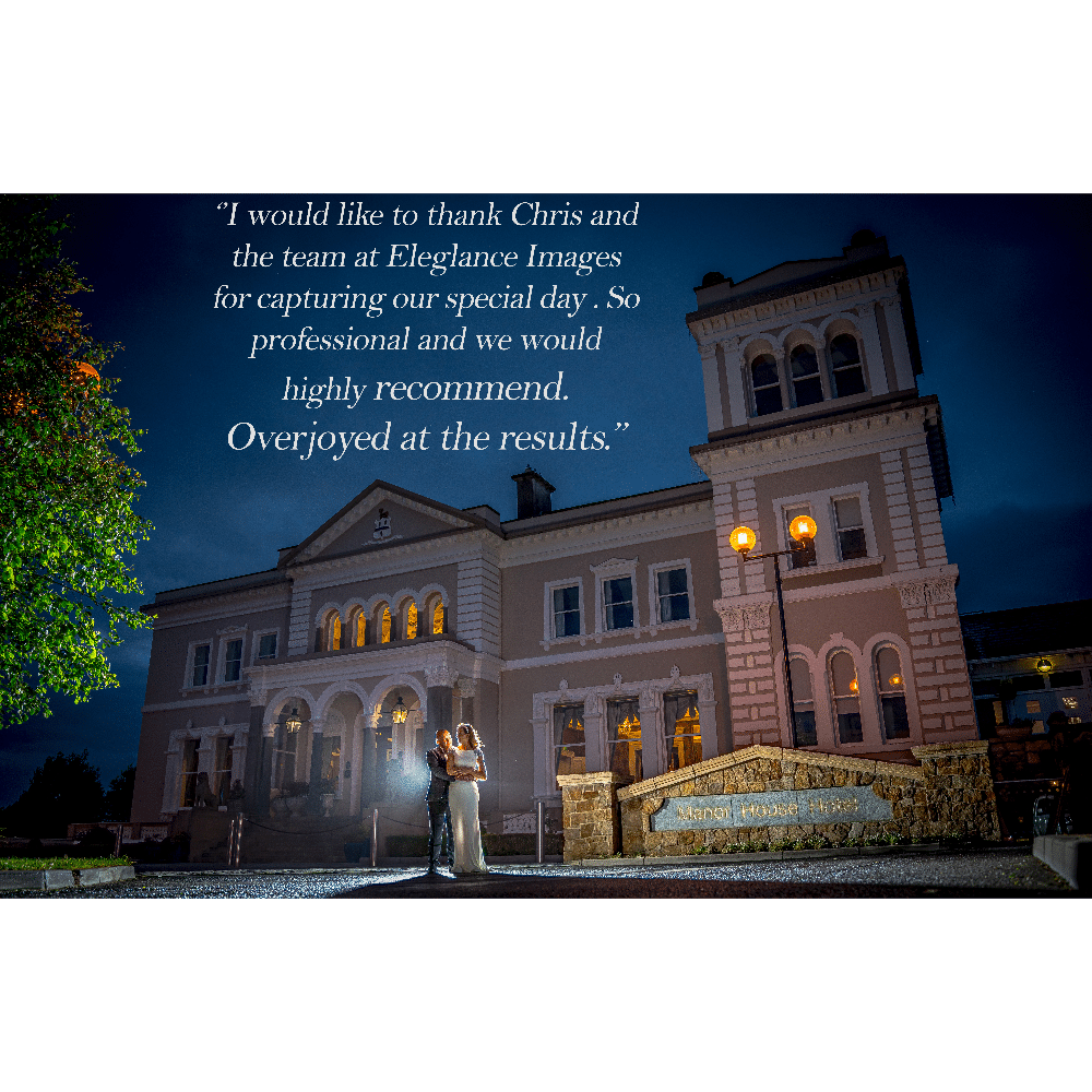 Bride and groom embrace at night outside a lit historic manor house with testimonial text above.