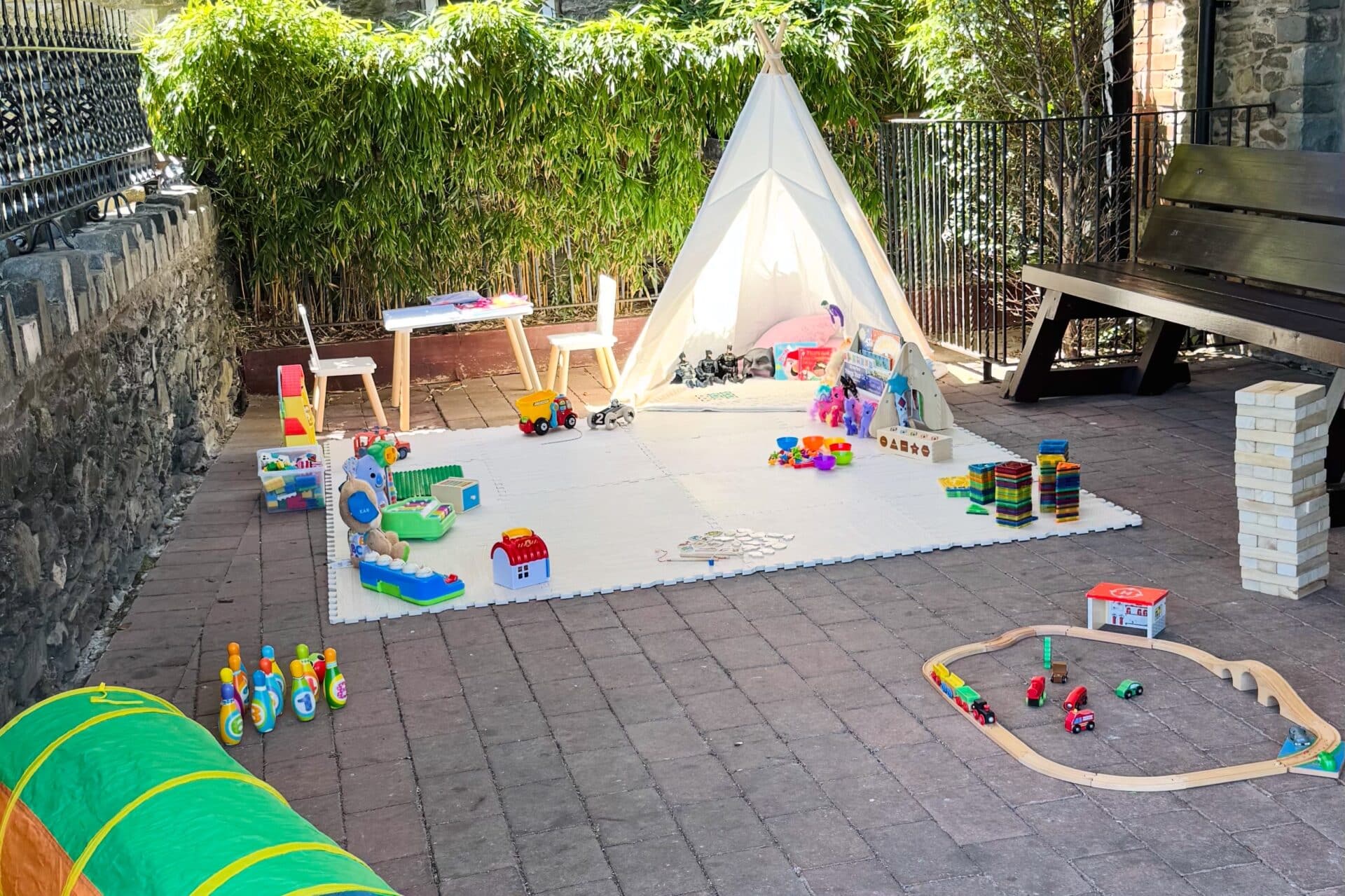 Wedding childcare area set up at Darver Castle with toys, books, games and a teepee, creating a dedicated space for little VIPs to play and relax during Natalie and Stephen’s wedding.
