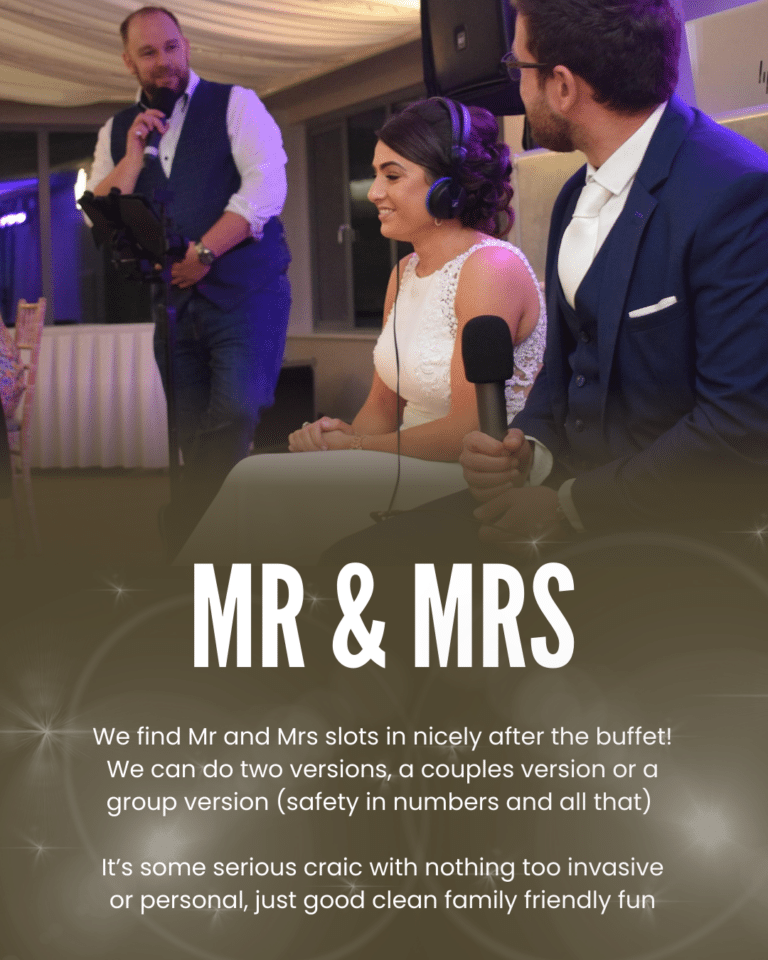 Couple participating in a lively wedding game with a host, titled "MR & MRS," promoting family-friendly fun.