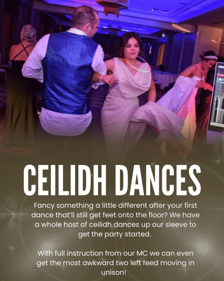 Guests participating in a ceilidh dance at an event, with text about dance instructions.