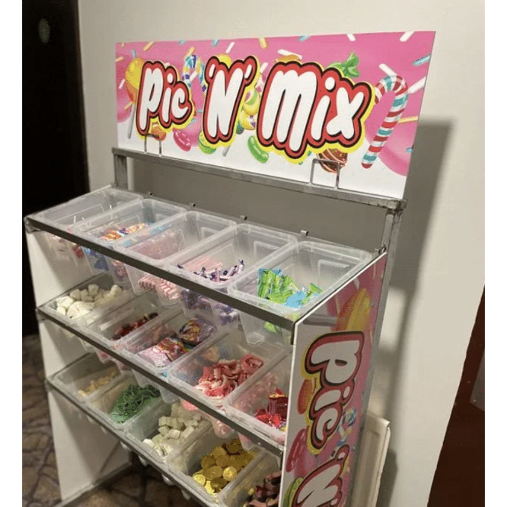 Pic 'N' Mix candy display with various sweets in clear bins.