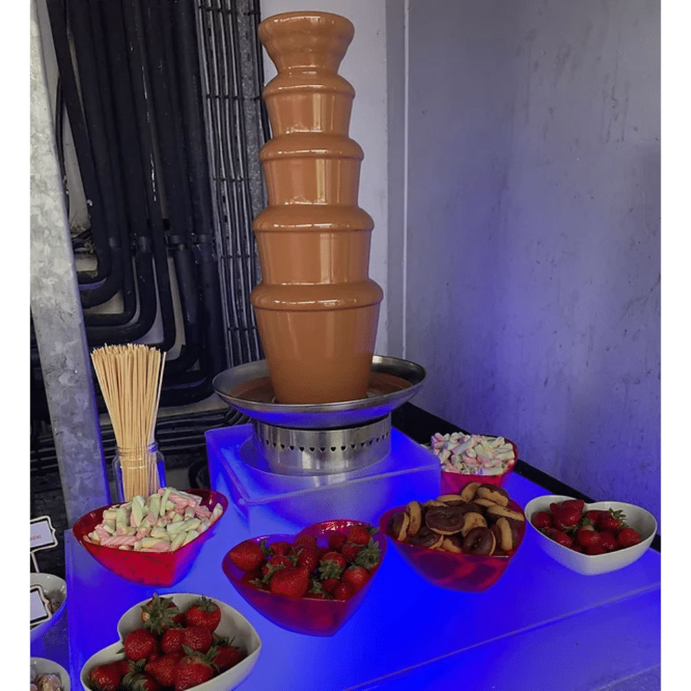 Chocolate fountain with assorted fruits, marshmallows, and cookies on a lit display table.