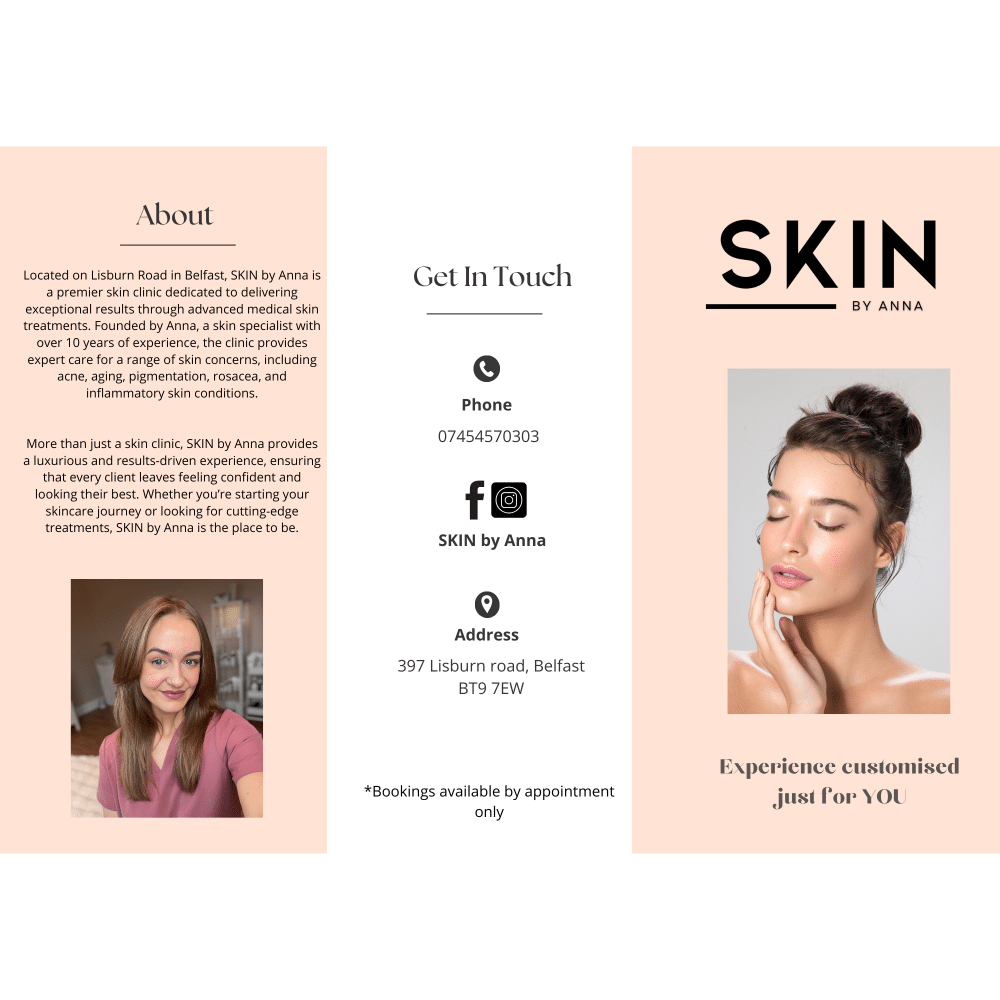 Brochure for "SKIN by Anna" featuring skincare services, contact info, and images of a woman and young woman with clear skin.