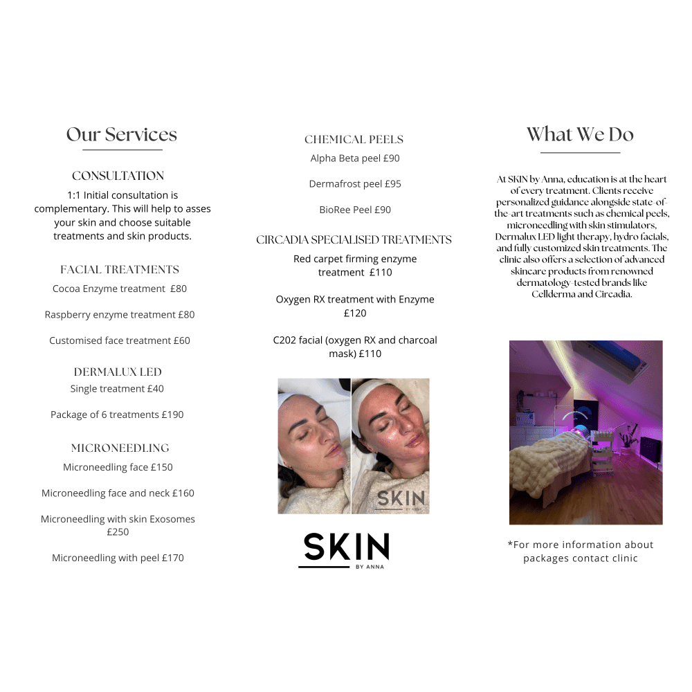 Brochure detailing skincare services, including consultations, facial treatments, chemical peels, and specialized treatments.