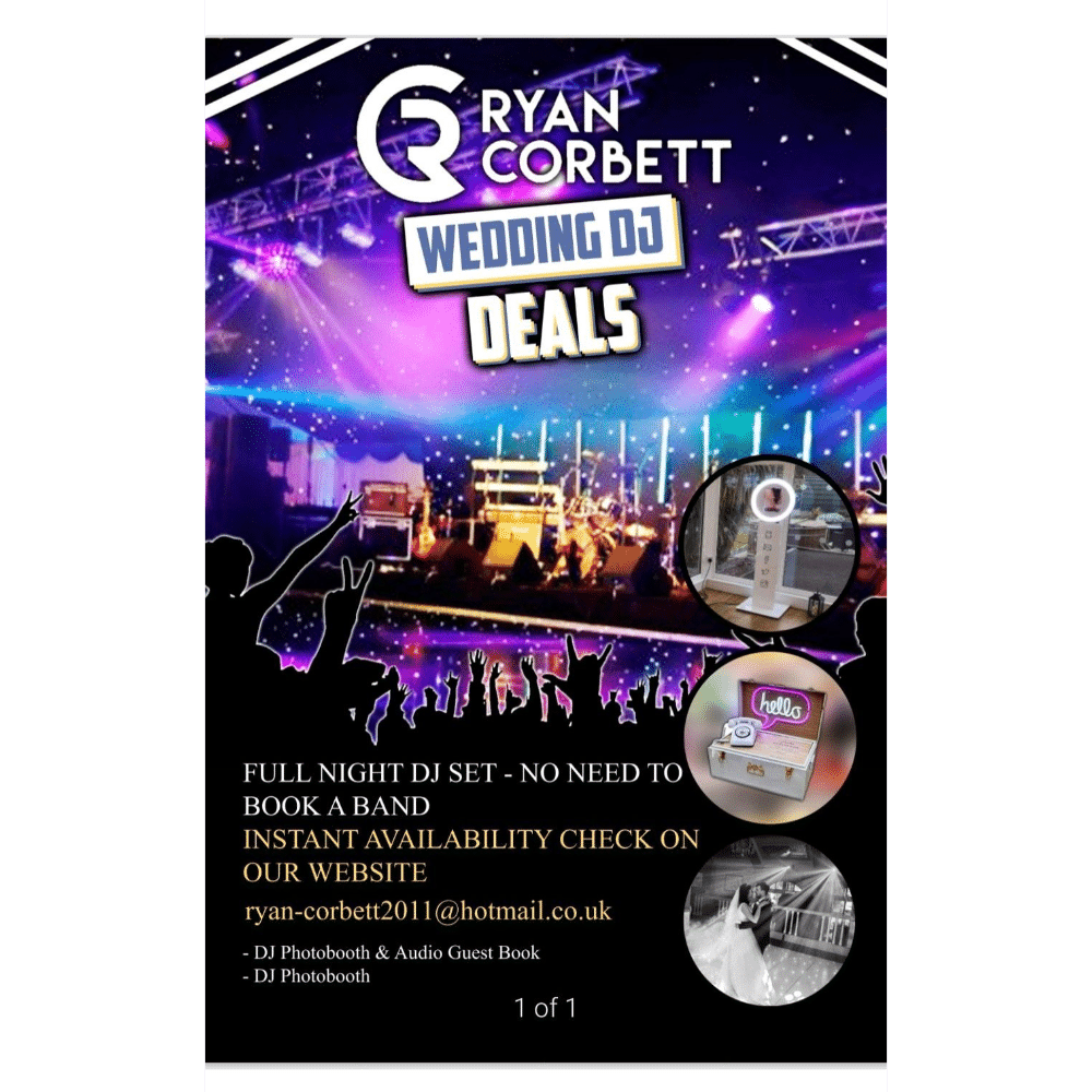 Wedding DJ promotional poster with colorful stage lights, contact info, and photobooth images.