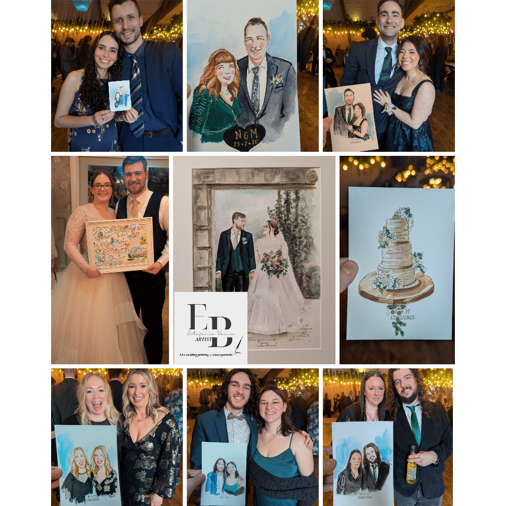 Collage of couples holding personalized wedding portraits at an event, featuring various artistic styles and a wedding cake illustration.