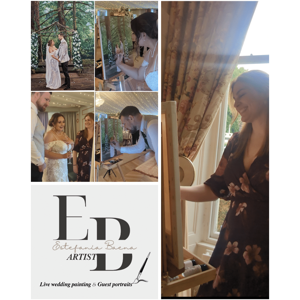 Collage of a wedding with a live painter creating portraits, featuring a logo of Estefania Baena, Artist.