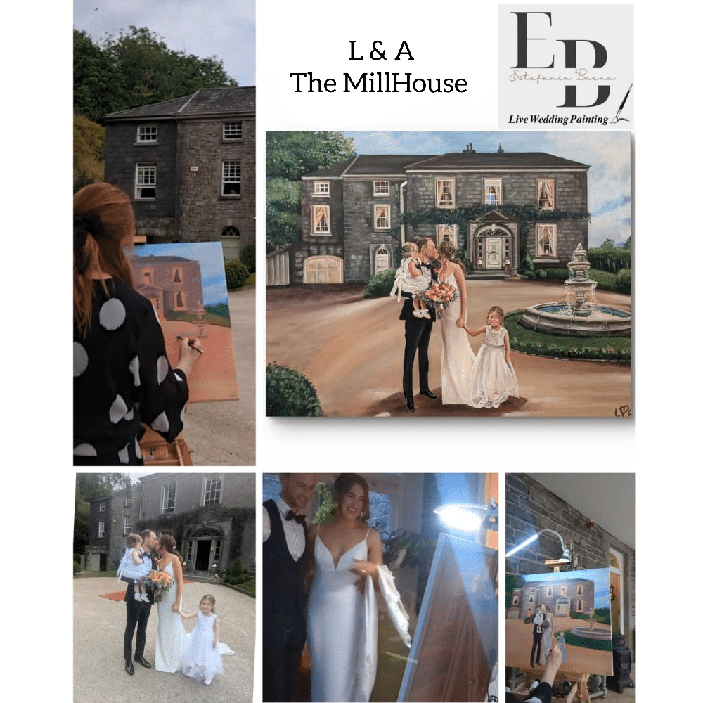 Wedding collage at The MillHouse, including live painting and photos of the couple and children outside a historic building.