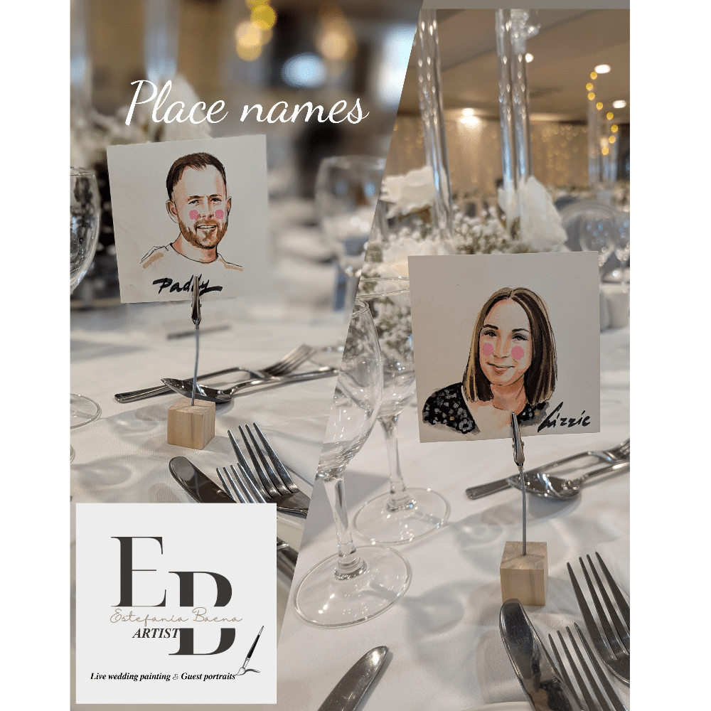Wedding table place cards with personalized portraits in a dining setting.
