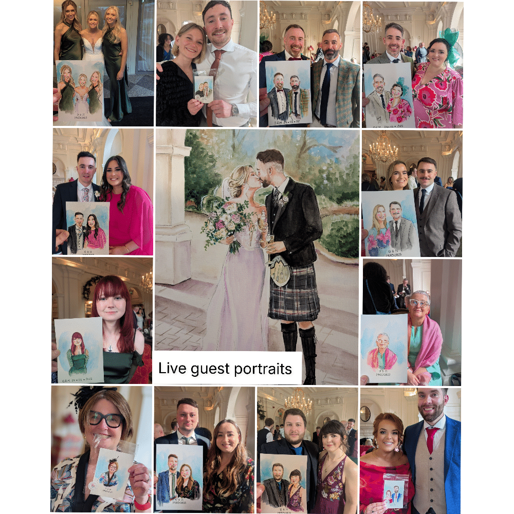 Wedding guests holding personalized portraits at a formal event.