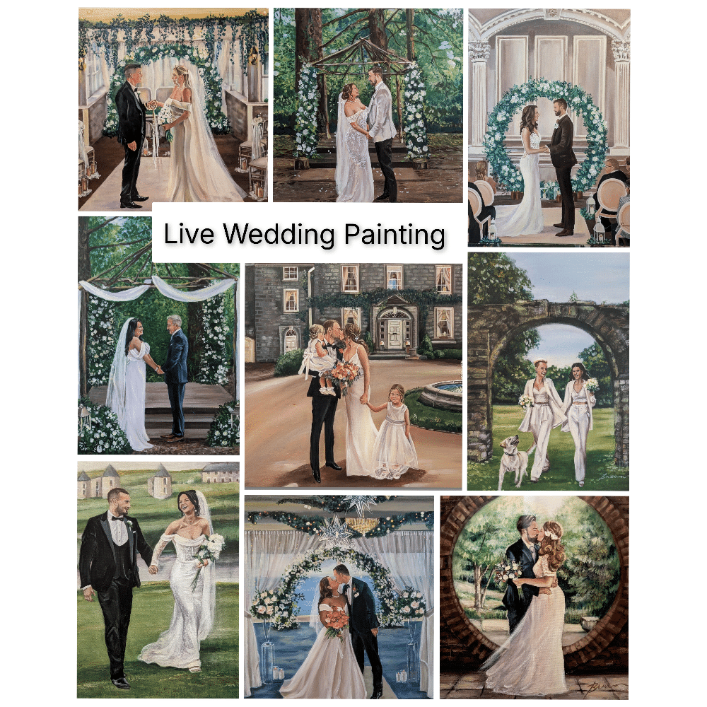 Collage of live wedding paintings featuring diverse couples in various romantic settings.