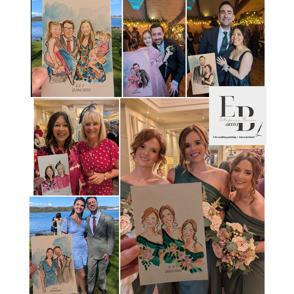 People smiling with illustrated portraits at an event.