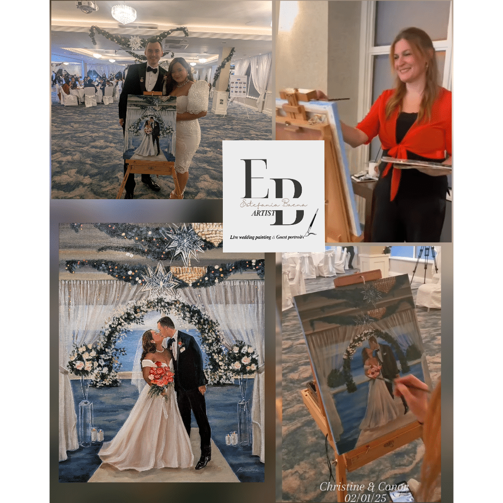 A couple poses with a wedding painting; an artist paints at an event.