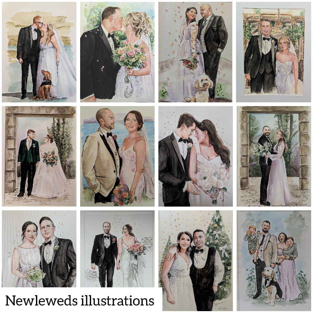 Illustrated portraits of newlywed couples in various romantic settings.