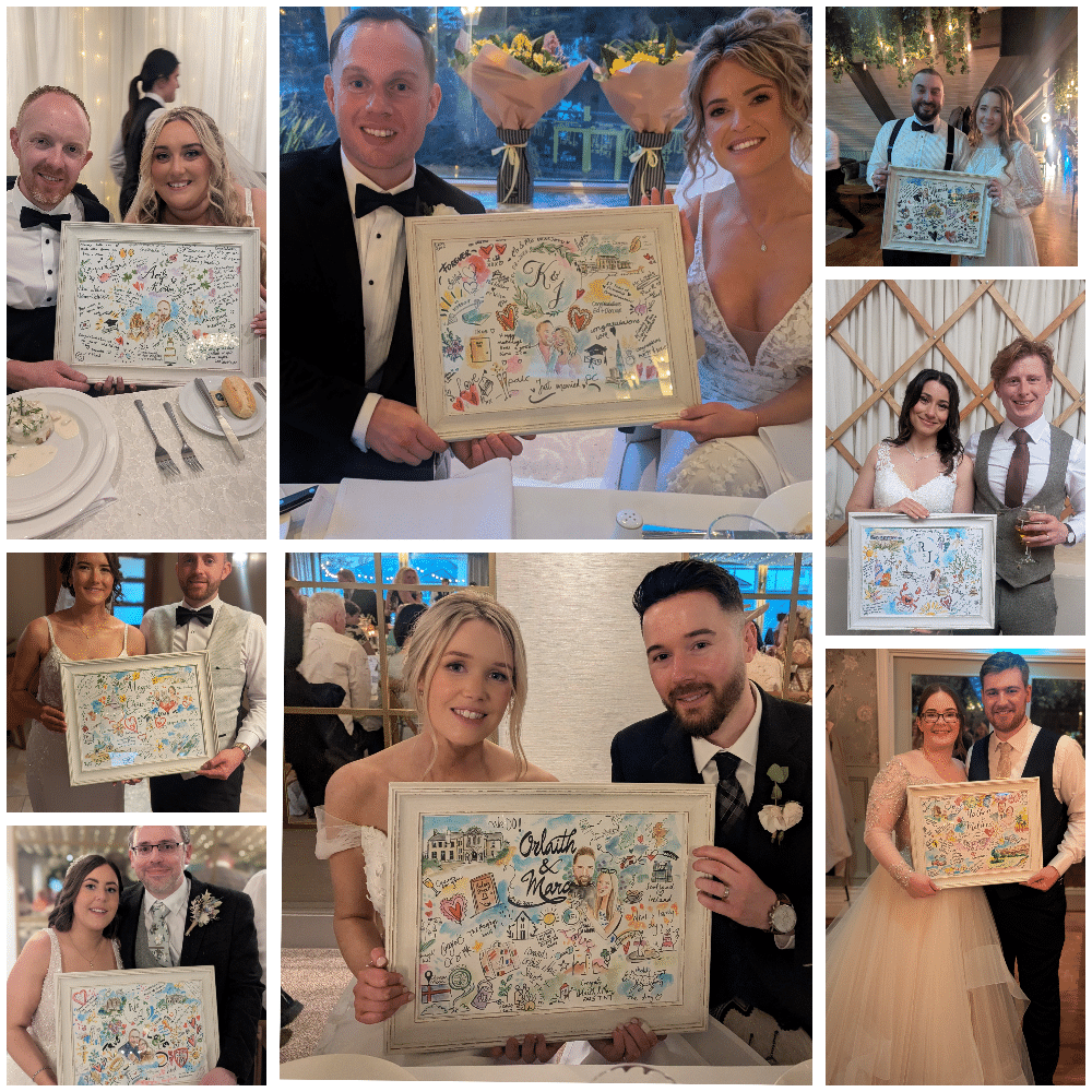 Wedding guests holding a colorful framed artwork, smiling in various celebratory settings.