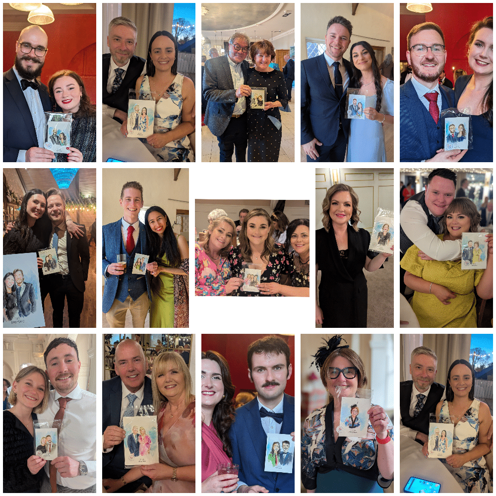 Guests at an event holding illustrations of themselves, smiling and posing in formal attire.