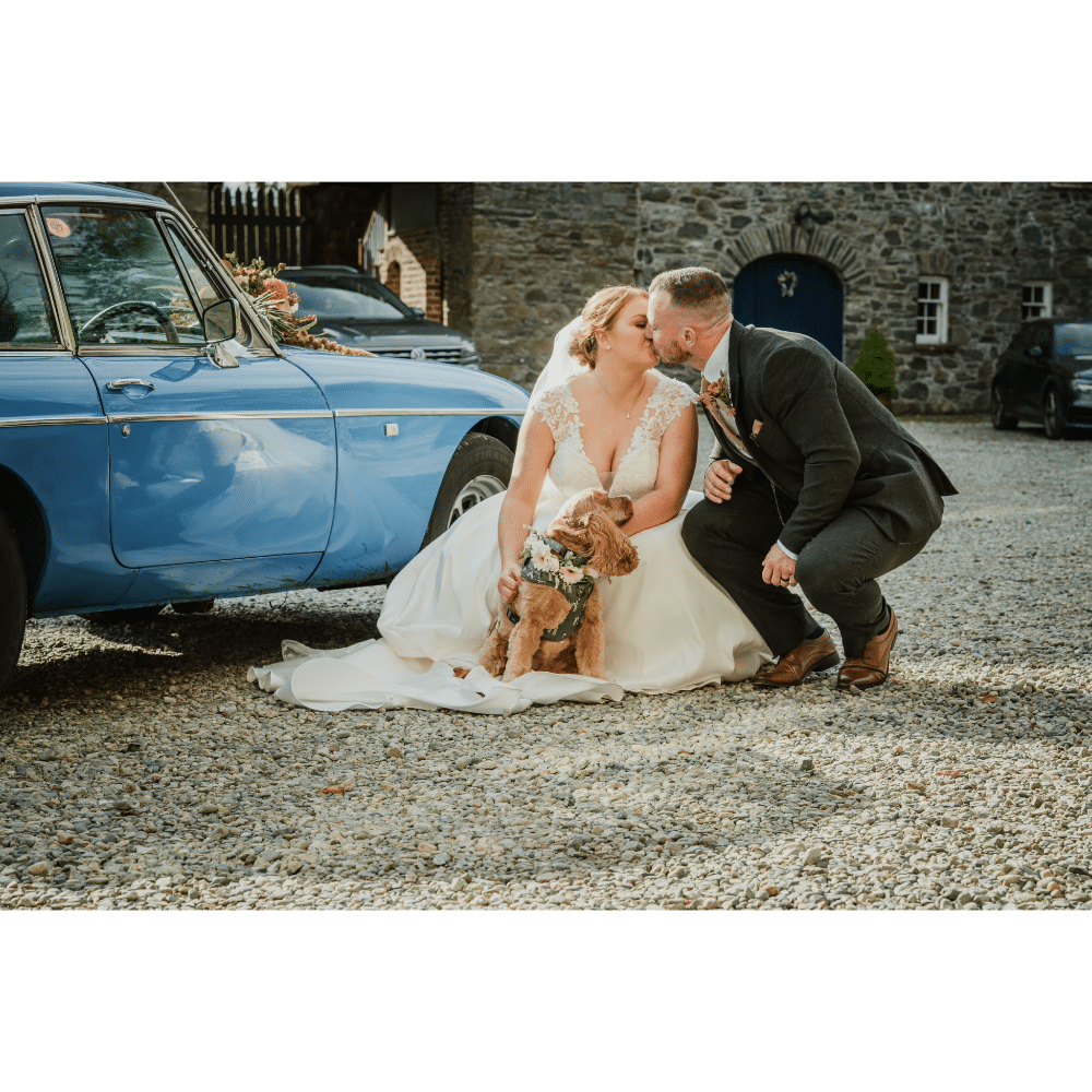 Bride and groom kissing beside a blue vintage car, with a small dog wearing a bowtie sitting between them.