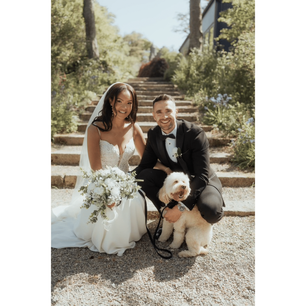 Bride and groom pose with a small fluffy dog on stone steps.