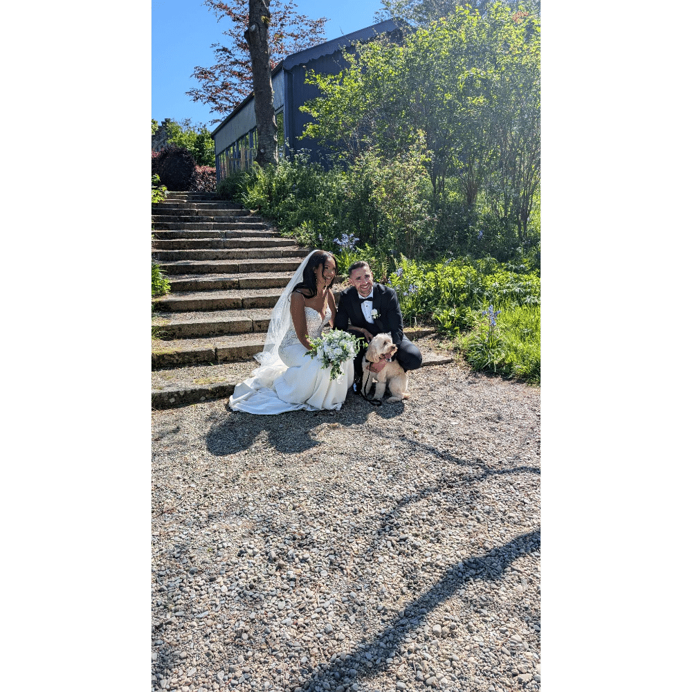 Bride and groom sitting on steps with their dog, surrounded by greenery.