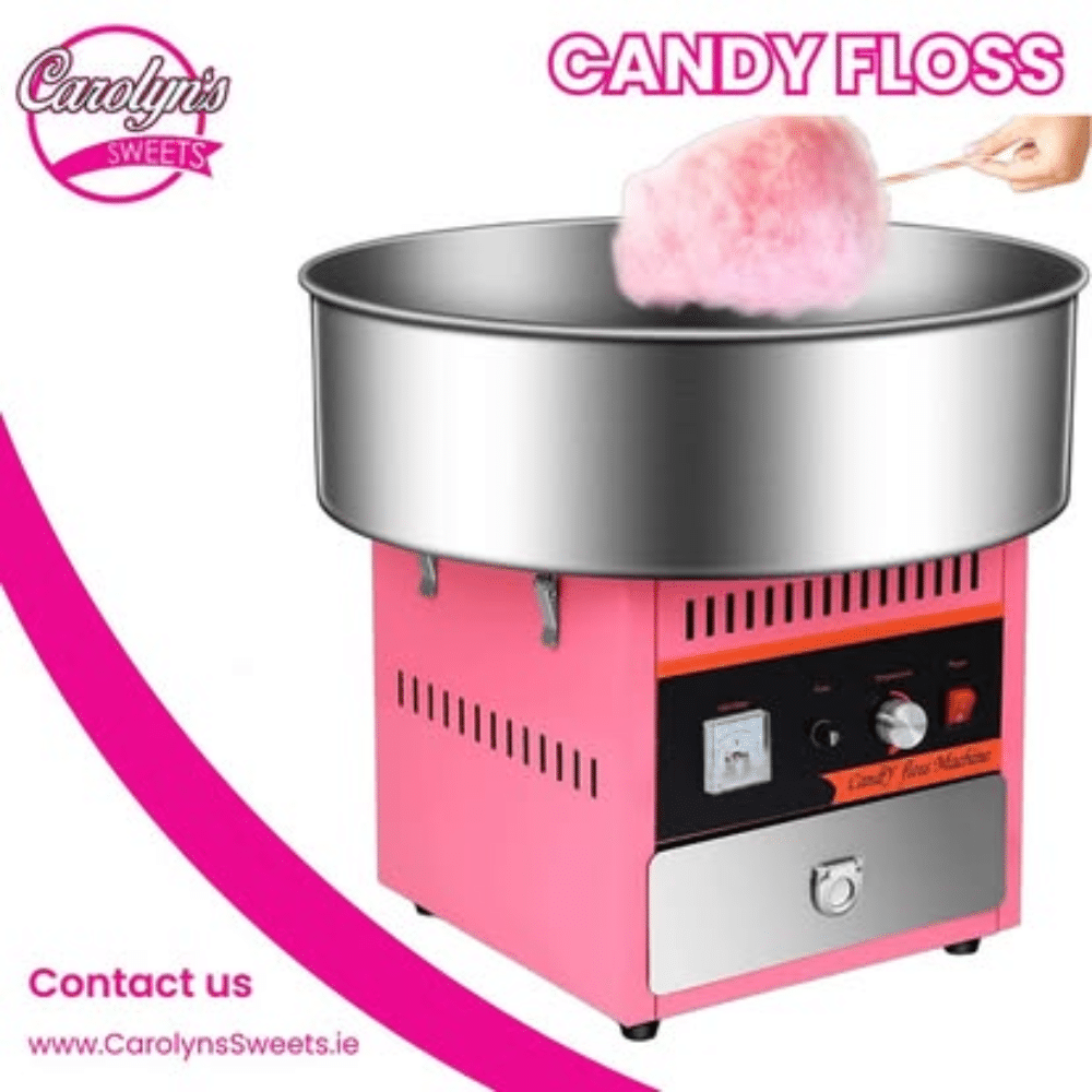 Pink candy floss machine with a hand holding fluffy cotton candy, Carolyn's Sweets branding.