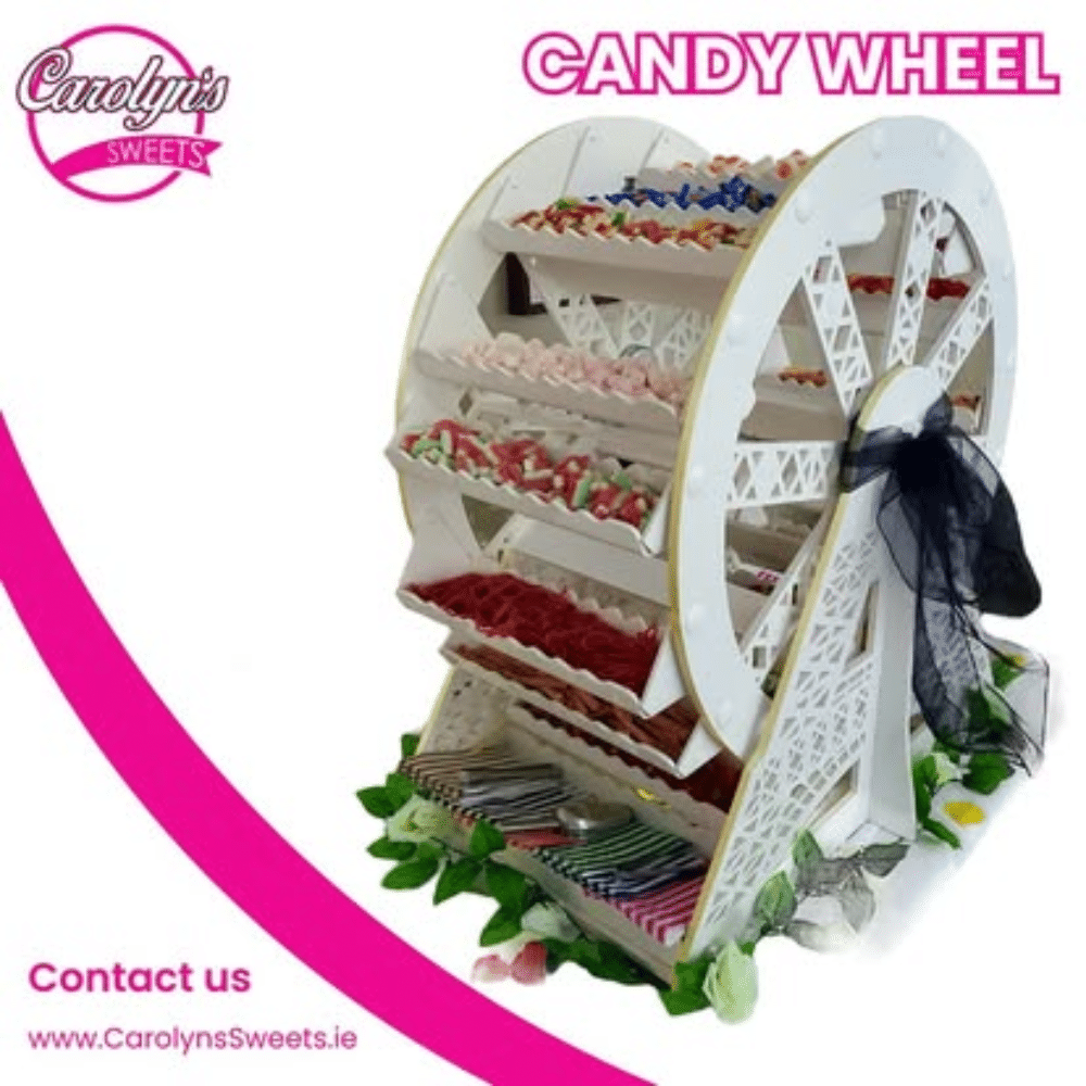 Ferris wheel candy display featuring various sweets from Carolyn's Sweets, with a contact link at the bottom.