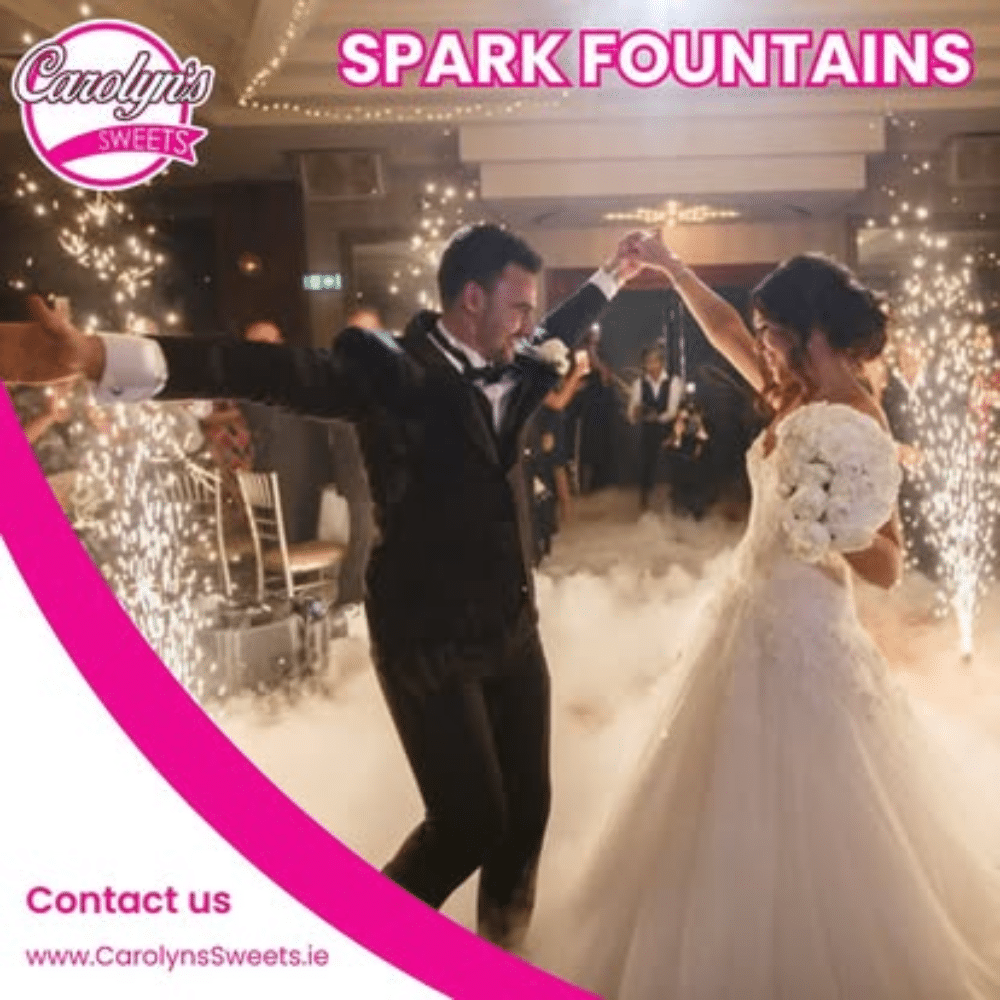 Bride and groom dancing with spark fountains, promotional graphic for Carolyn's Sweets.