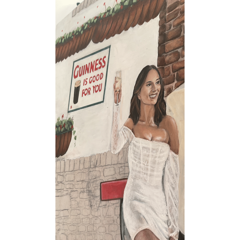 Painting of a woman in a white dress holding a drink, with a "Guinness is good for you" sign in the background.