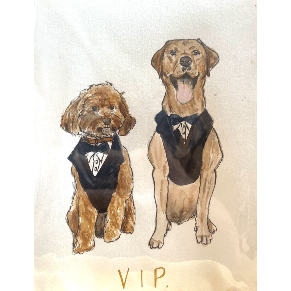 Illustration of two dogs in tuxedos, titled "VIP."