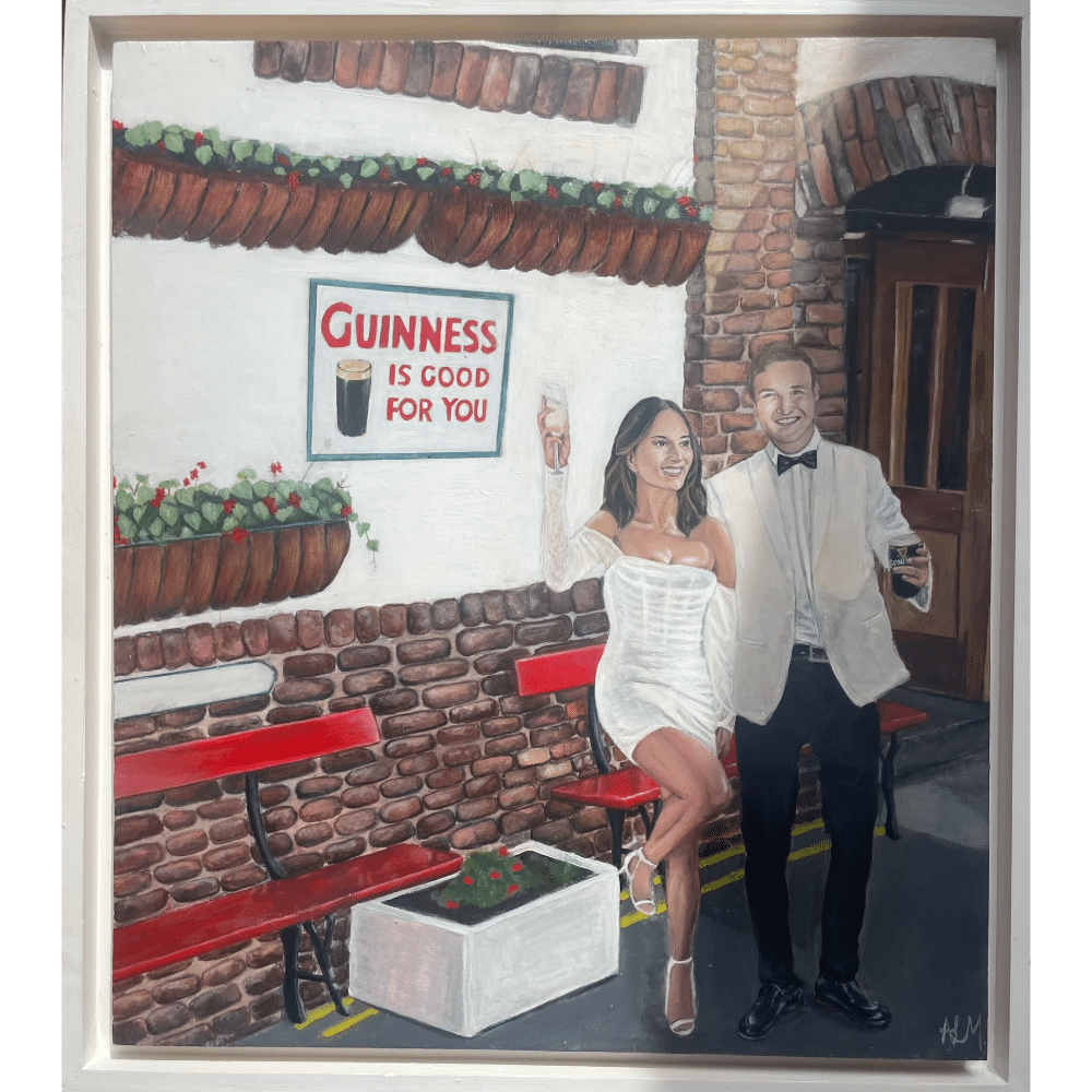 Painting of a smiling couple in formal attire, posing outside a pub with a "Guinness is Good for You" sign.