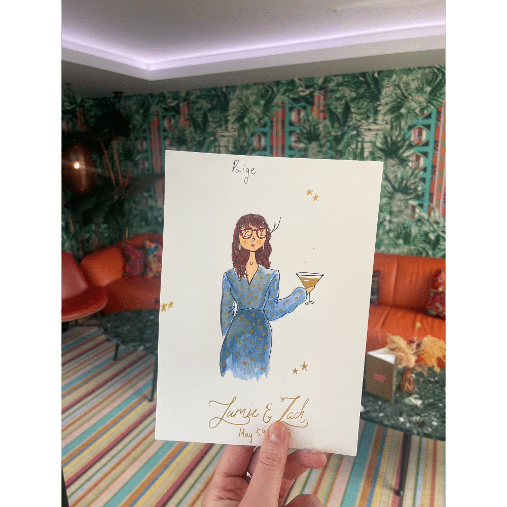 Illustrated card with a woman holding a drink, set against a tropical-themed room with orange sofa and striped carpet.