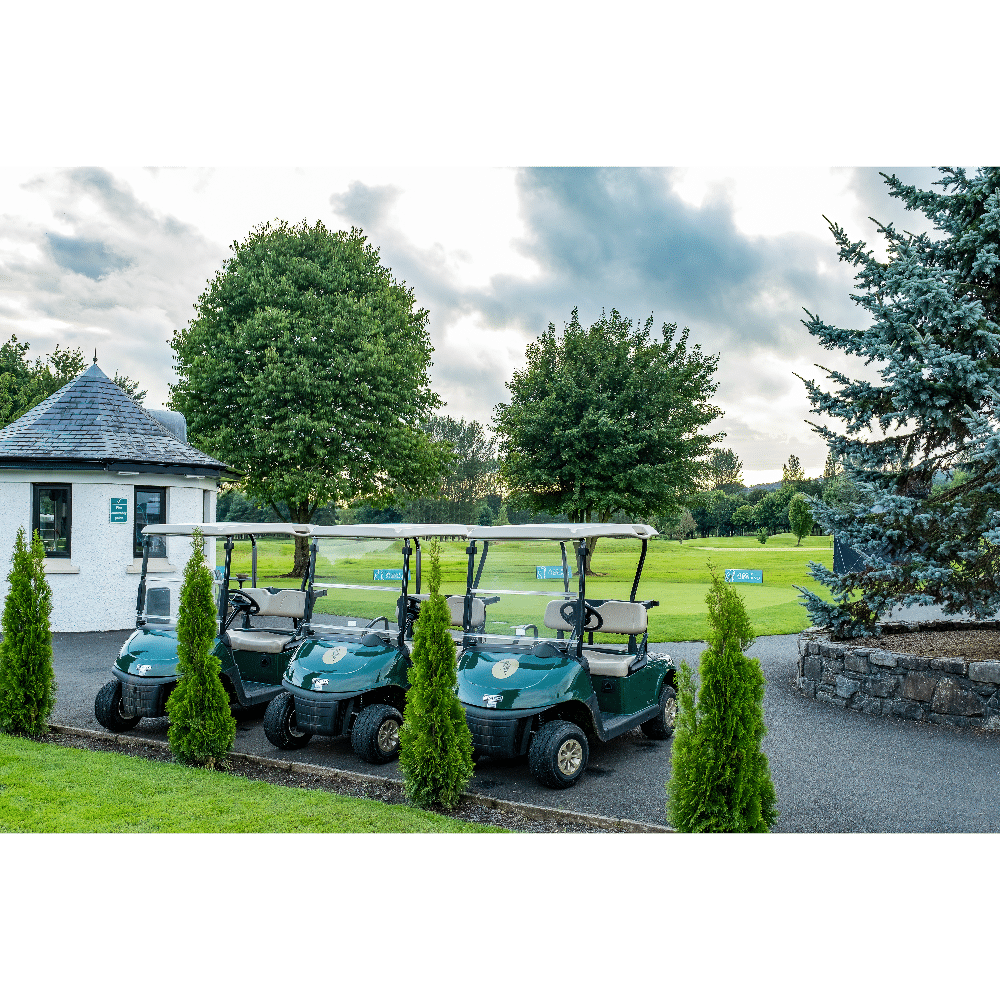 Golf carts parked beside a small building on a scenic golf course under a cloudy sky.