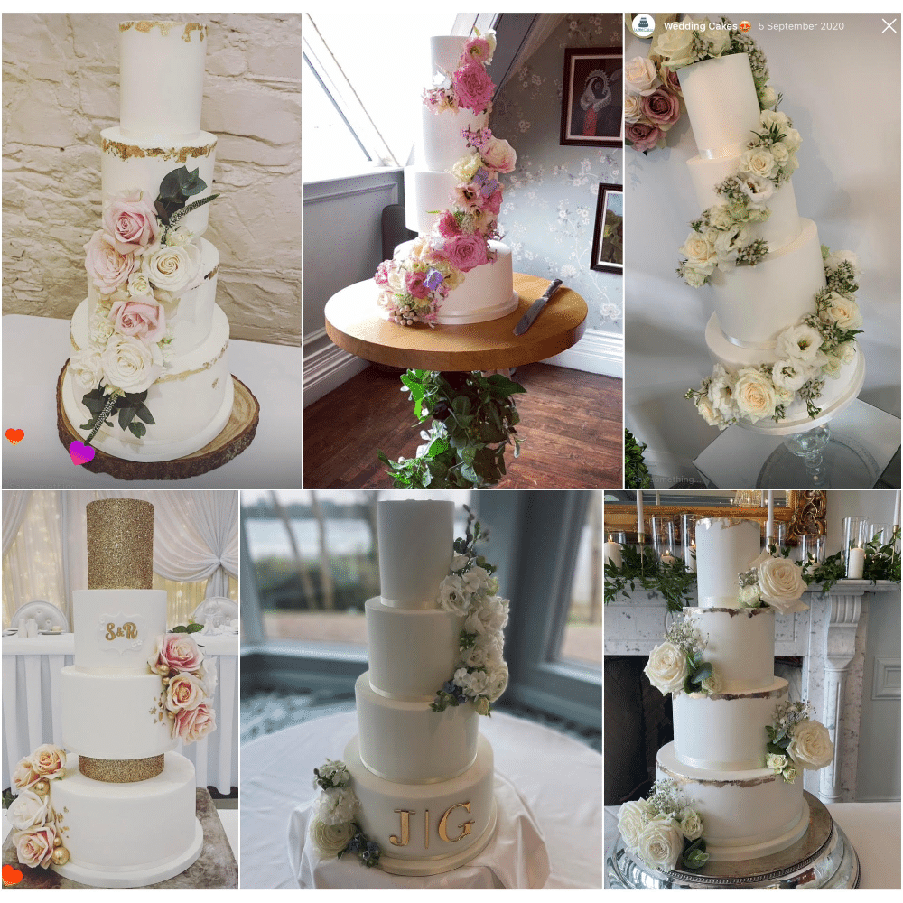 A collage of six elegant tiered wedding cakes adorned with flowers.