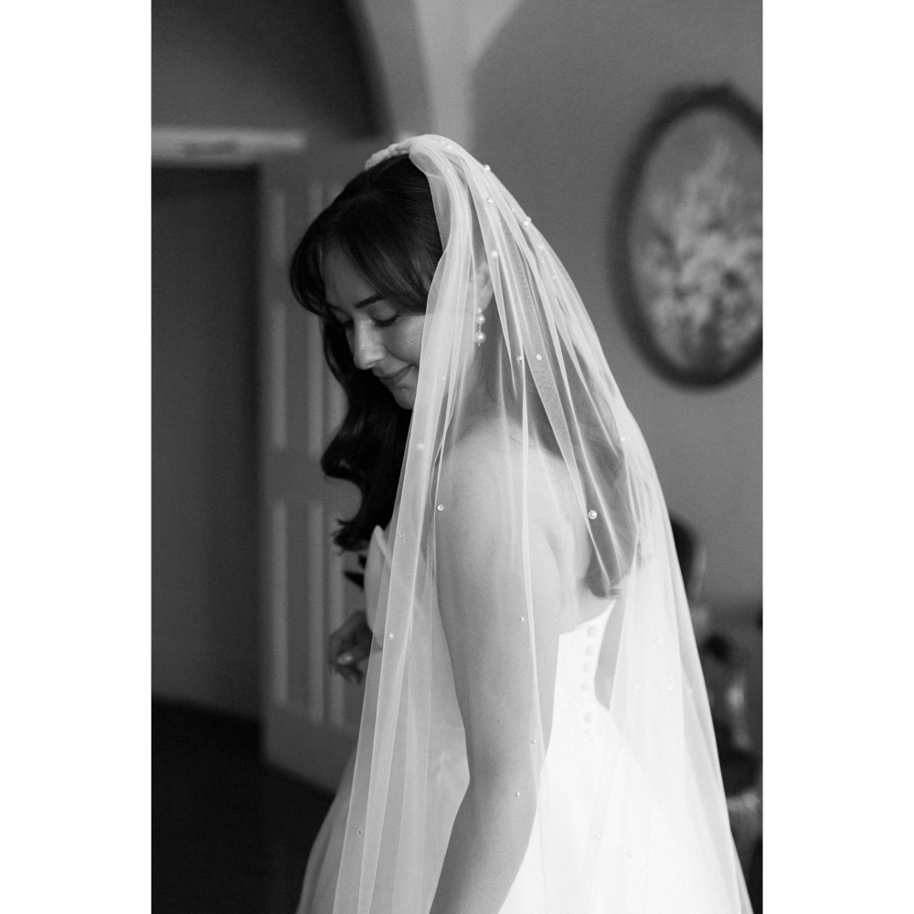 Bride in a wedding dress with a long veil in a dimly lit room.