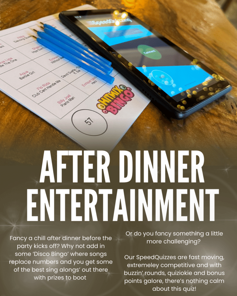 Tablet and pens on bingo card for after dinner entertainment event.