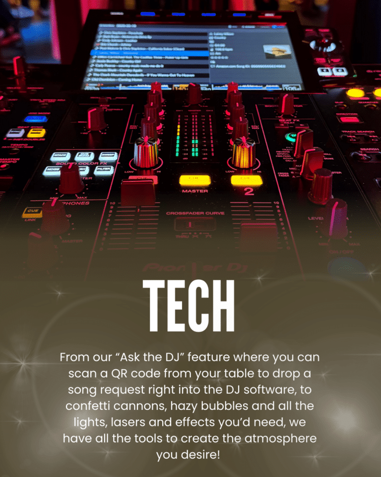 Close-up of a DJ mixer with colorful controls, display screen, and promotional text about DJ features and effects.