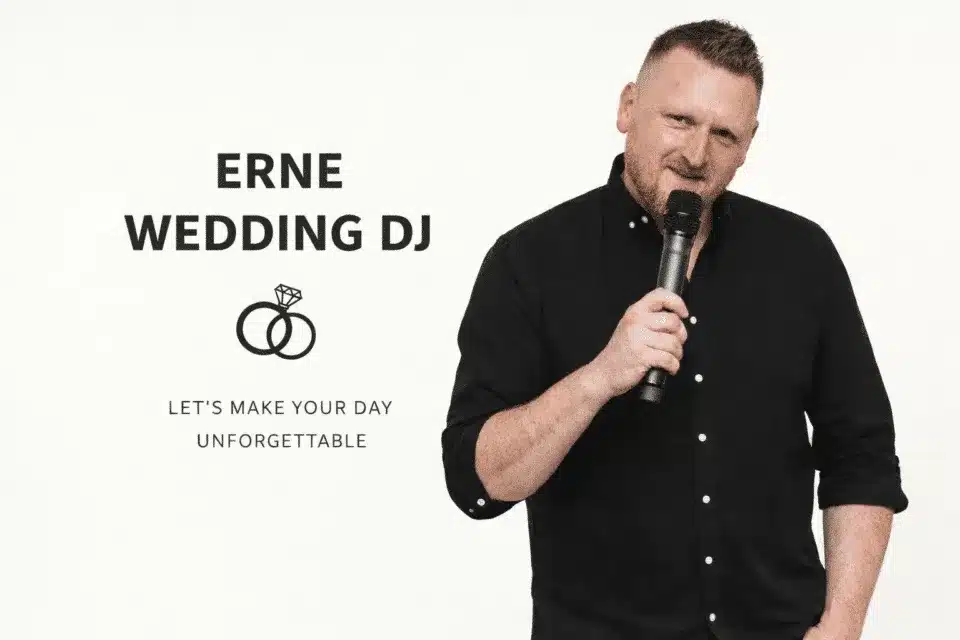 ERNE Wedding DJ promotional image with DJ holding microphone.
