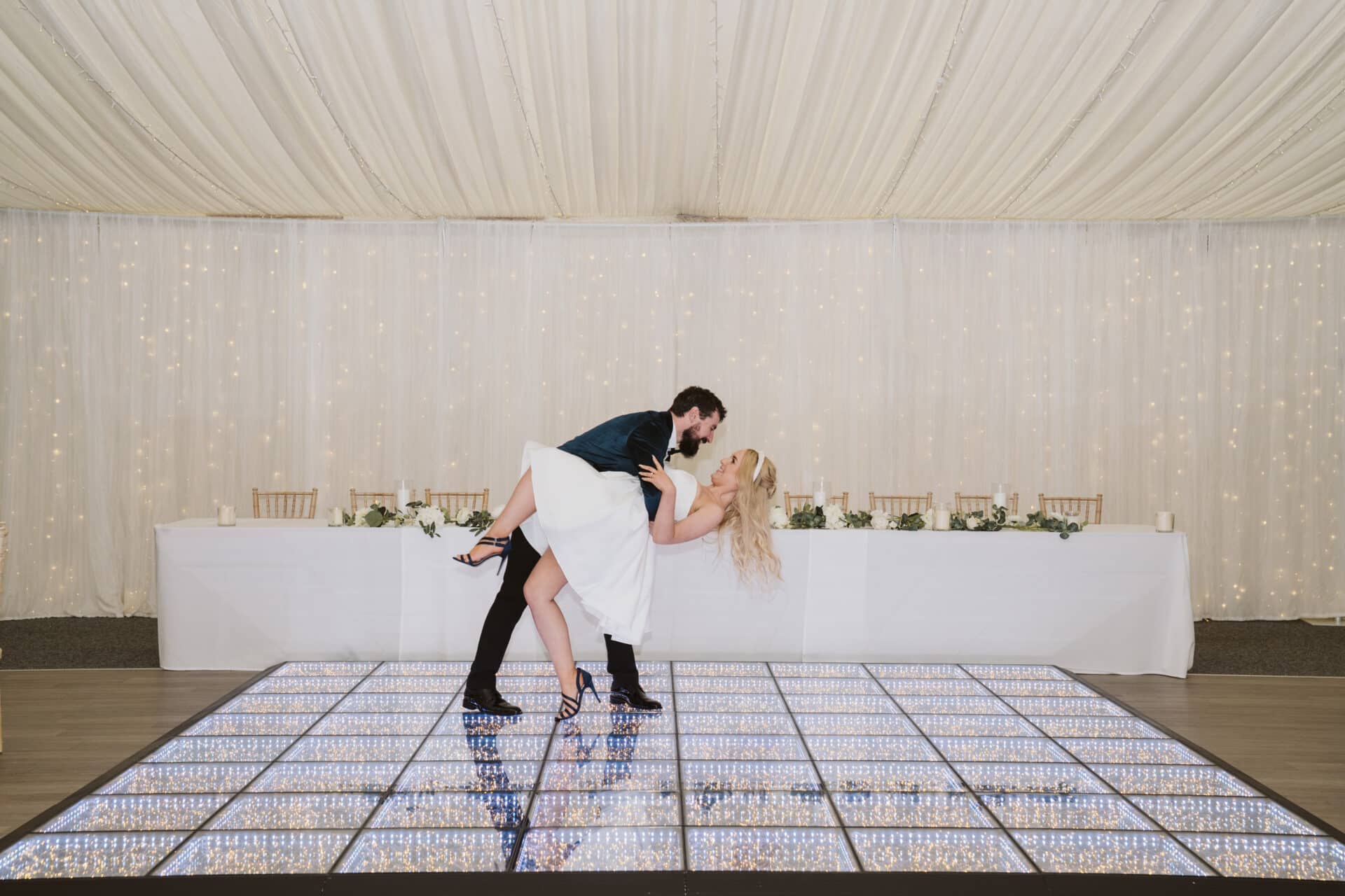 Newlyweds first Dance Moment on an LED Infinity Dancefloor at beautiful wedding venue in Northern Ireland