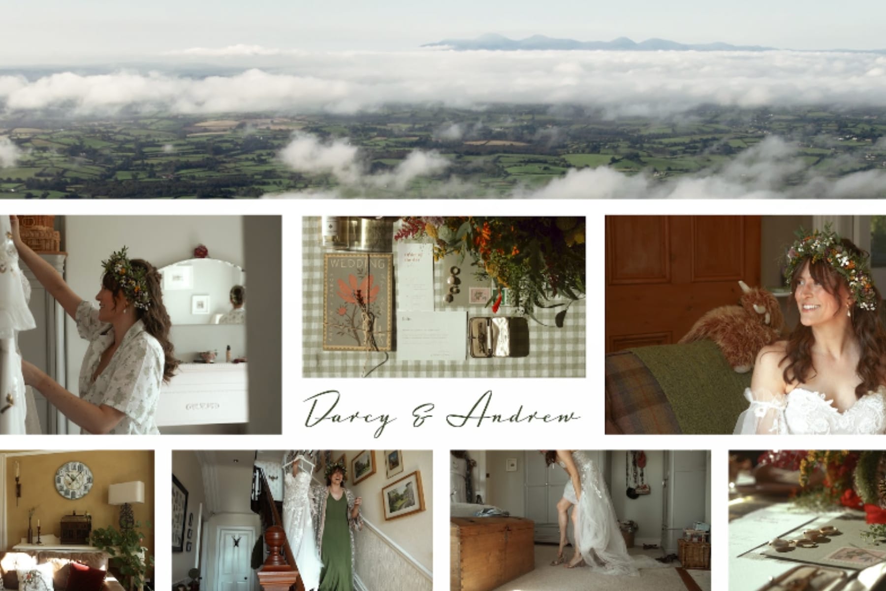 Aerial landscape view, bride prepping, wedding stationery, and home decor with text "Darcy & Andrew".