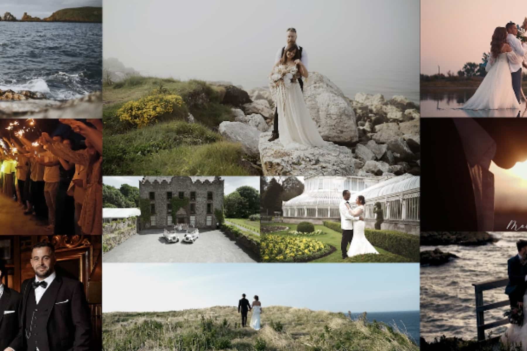 Collage of wedding scenes: couples embracing, scenic landscapes, and celebration moments.