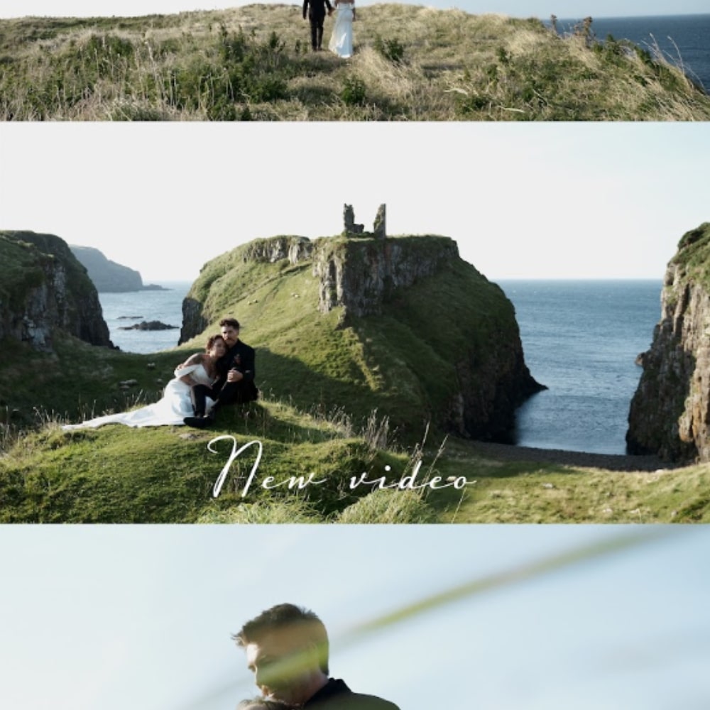 Couple on a grassy cliffside with ocean views and ruins in the background, "New video" text overlay.
