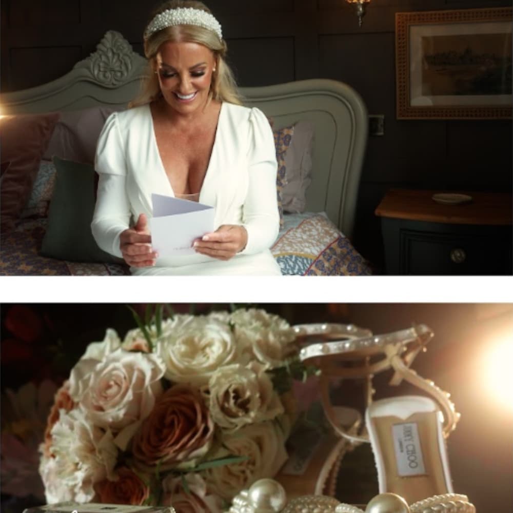 Bride in white dress reading a card; bouquet and shoes displayed.