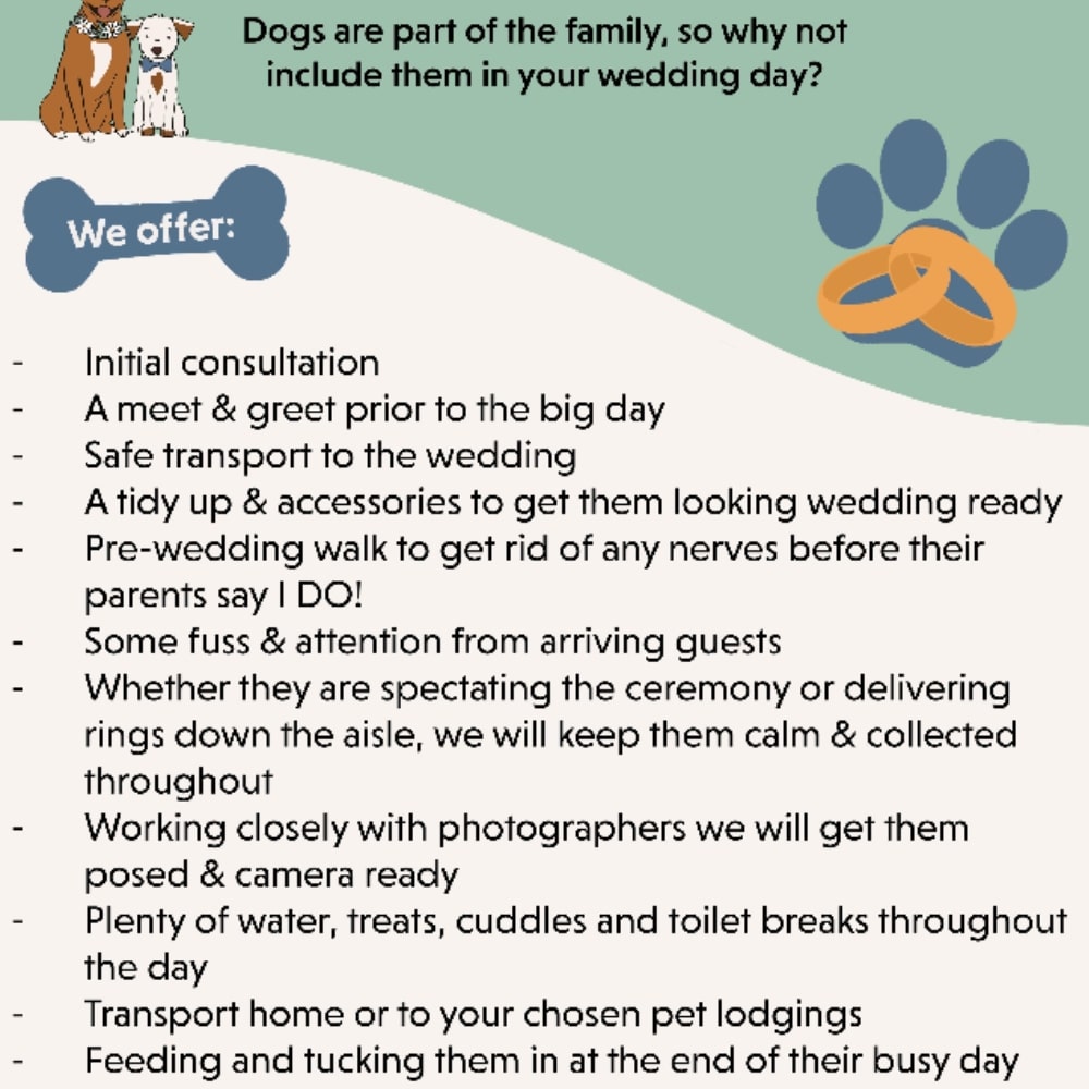 Dog-included wedding services flyer featuring a list of offerings and illustrated dog images.