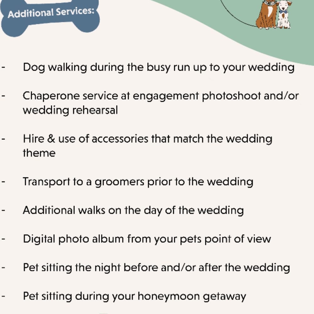 Wedding pet services list, including dog walking, chaperone service, pet sitting, and themed accessories.
